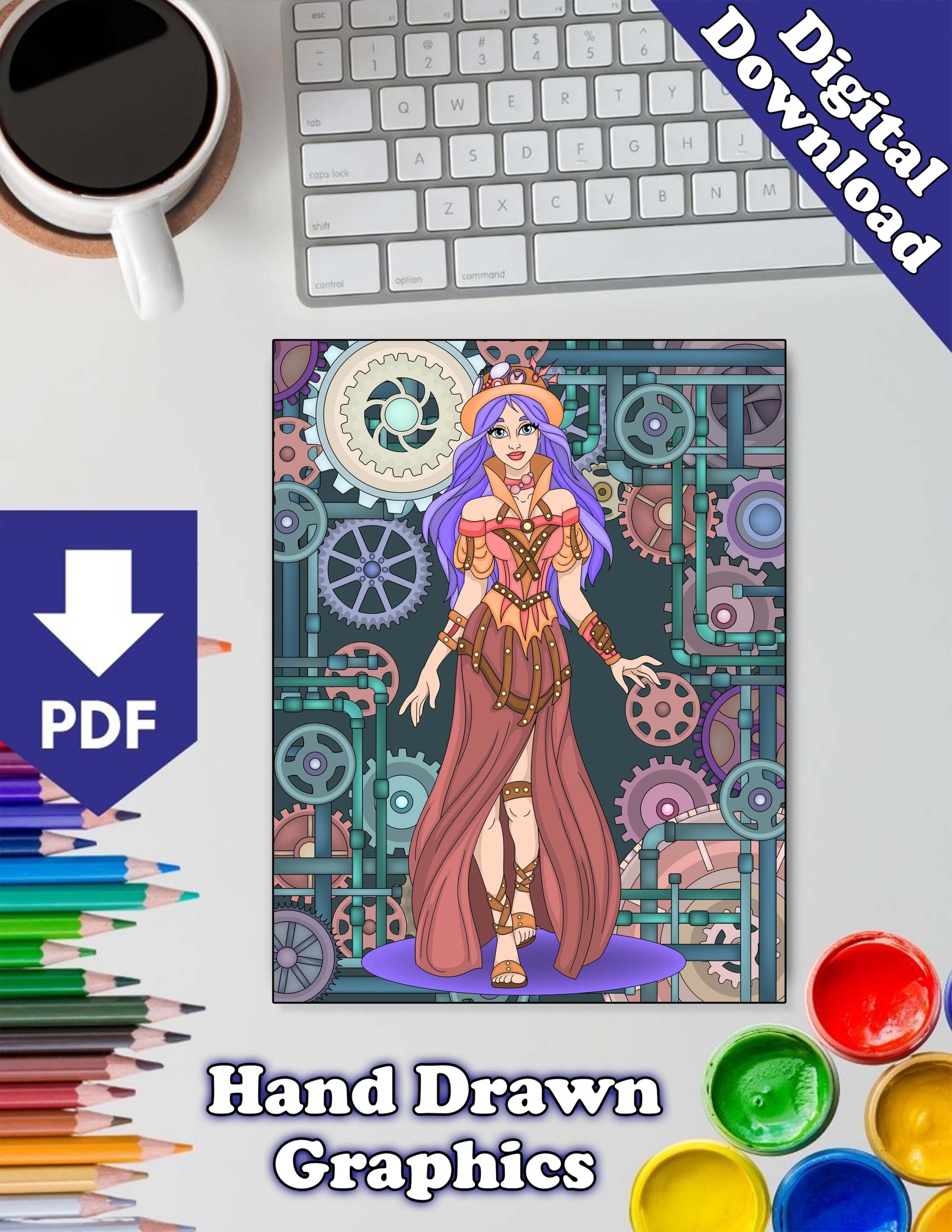 Princess - Steampunk Princesses - 30 Coloring Pages - Image 2