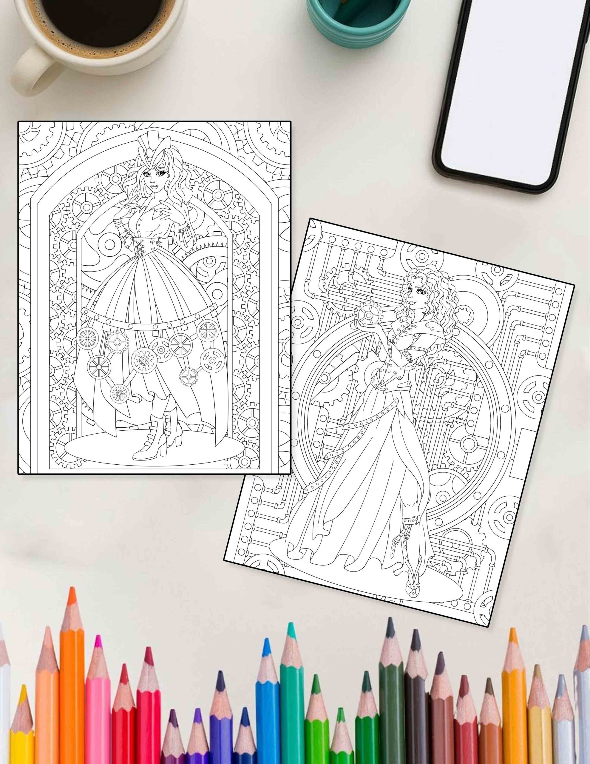 Princess - Steampunk Princesses - 30 Coloring Pages - Image 4